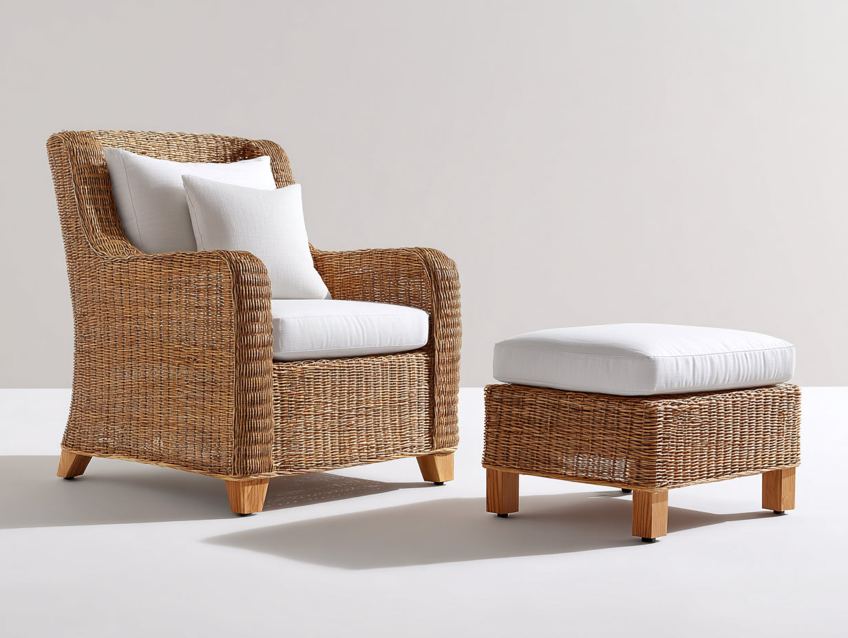 Polyrattan Gartensessel mit Hocker 90 x 88 x 88 cm - Naturbraun-Weiß - für Garten und Terrasse