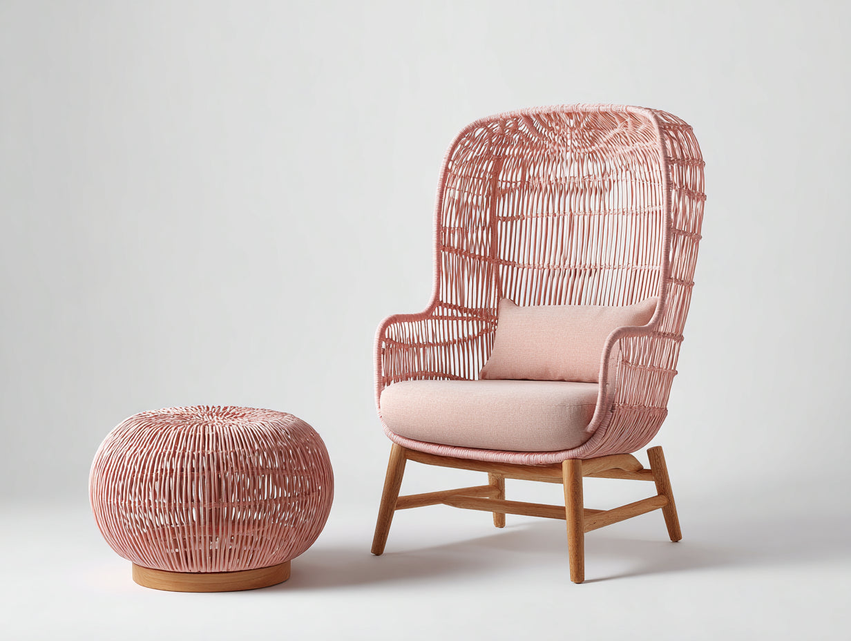 Polyrattan Gartensessel mit Hocker 78 x 86 x 115 cm - Rosa - für Garten und Terrasse im Boho-Stil