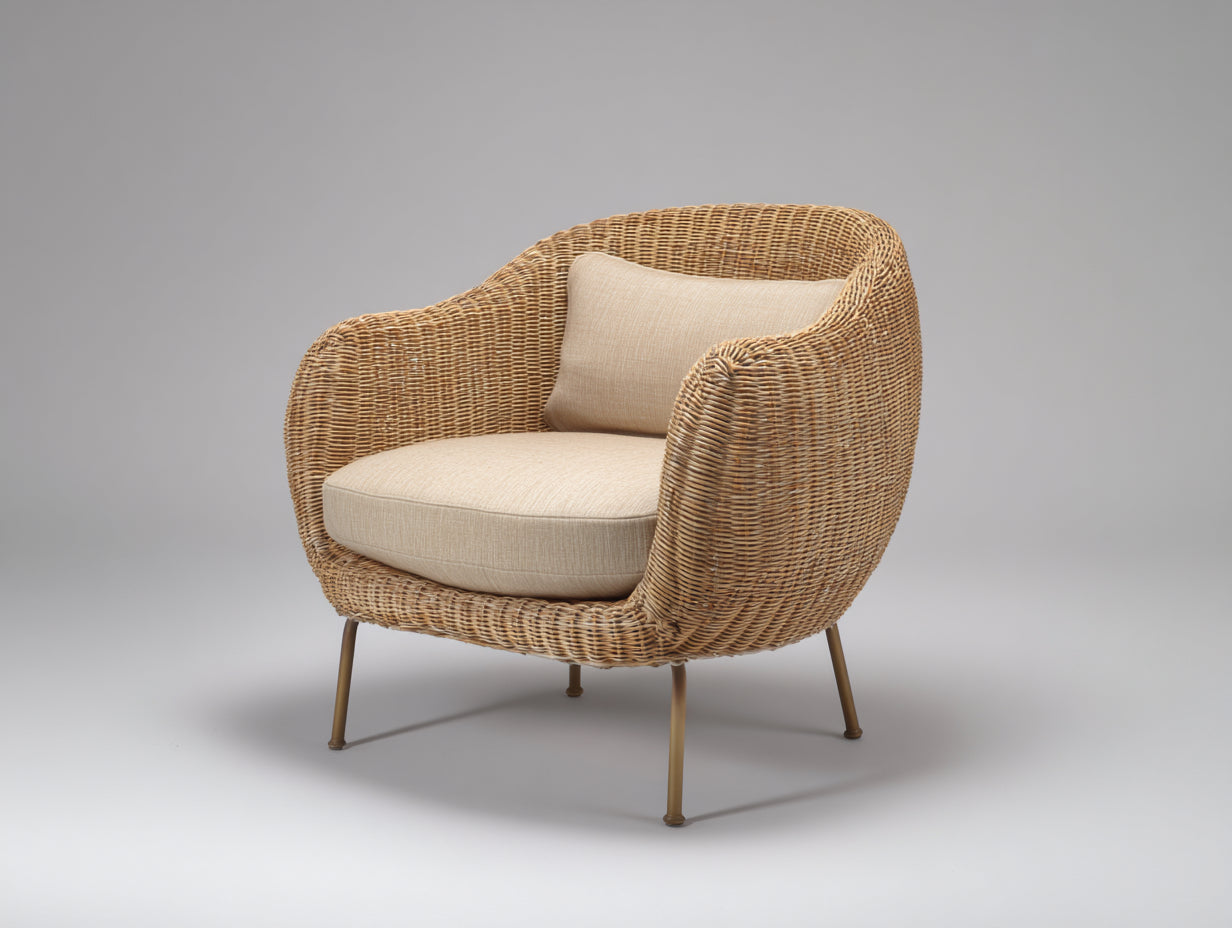 Polyrattan Gartensessel Rattanoptik und Stoff 84x78x78 cm - Naturbeige-Beige - Runder Gartensessel mit Metallbeinen