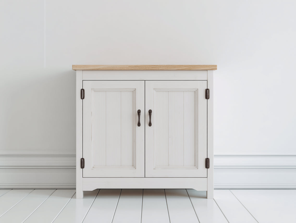 Sideboards 100x40x90 cm - Holzwerkstoff in Weiß-Naturbraun - Landhausstil mit 2 Türen