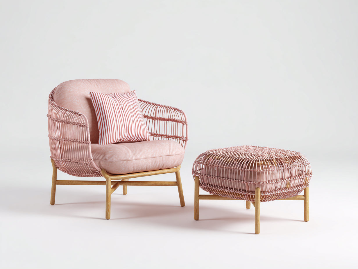 Polyrattan Gartensessel Polyrattan und Massivholz 92x78x84 cm - Rosa-Naturbraun - Gartenloungesessel mit Fußhocker